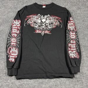 Vintage Hot Leathers Shirt Mens M Black Long Sleeve Spider Web Skull Ride or Die